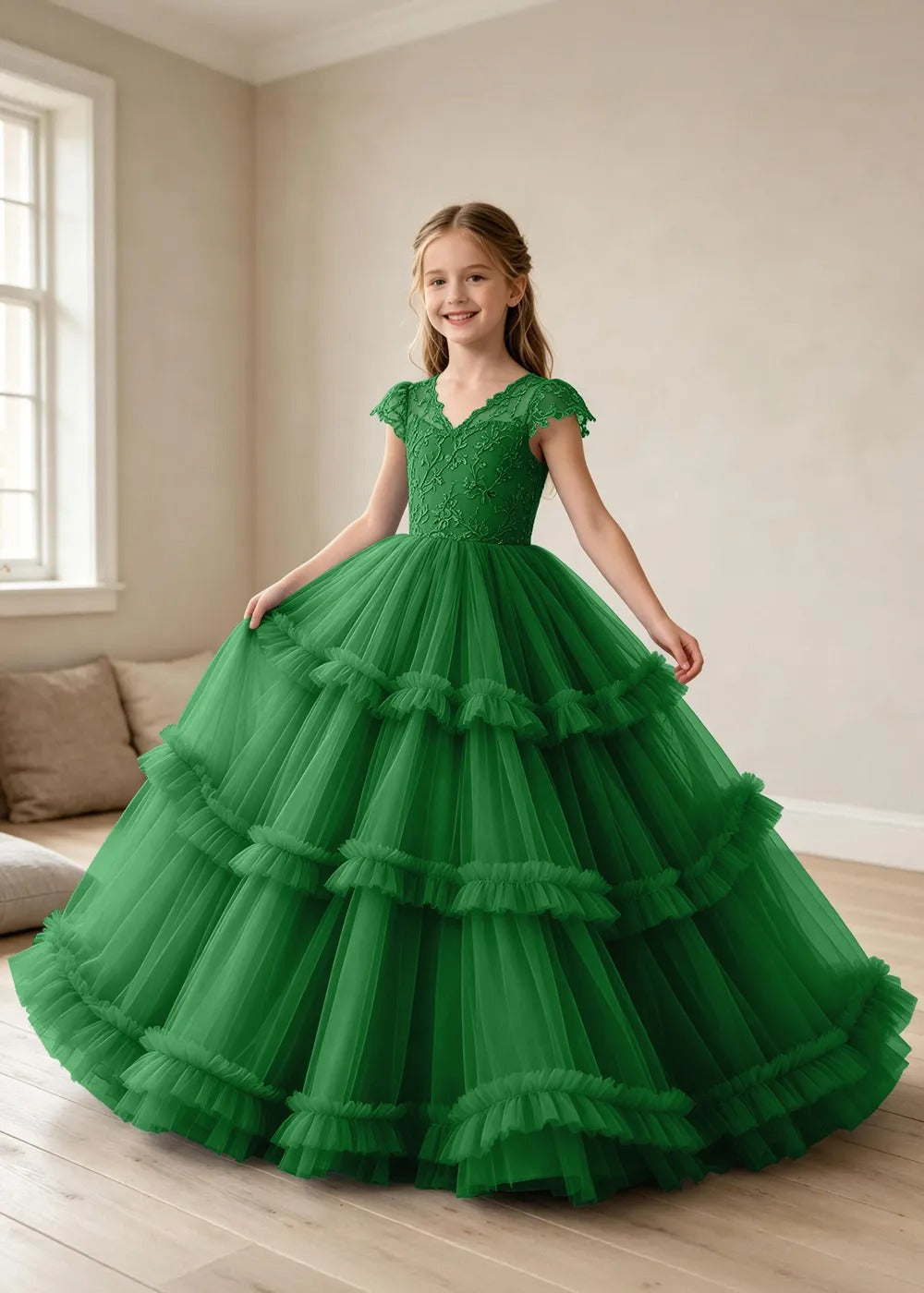 Elegant 3D Flower Appliqué Princess Dress with Layered Tulle Skirt