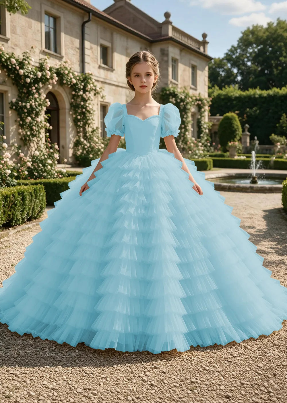 Puff Sleeve Corset-Back Junior Bridesmaid Gown