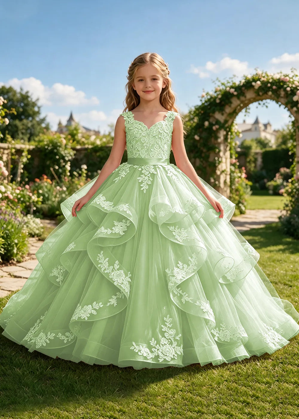 Floral Lace Corset-Back Flower Girl Ball Gown