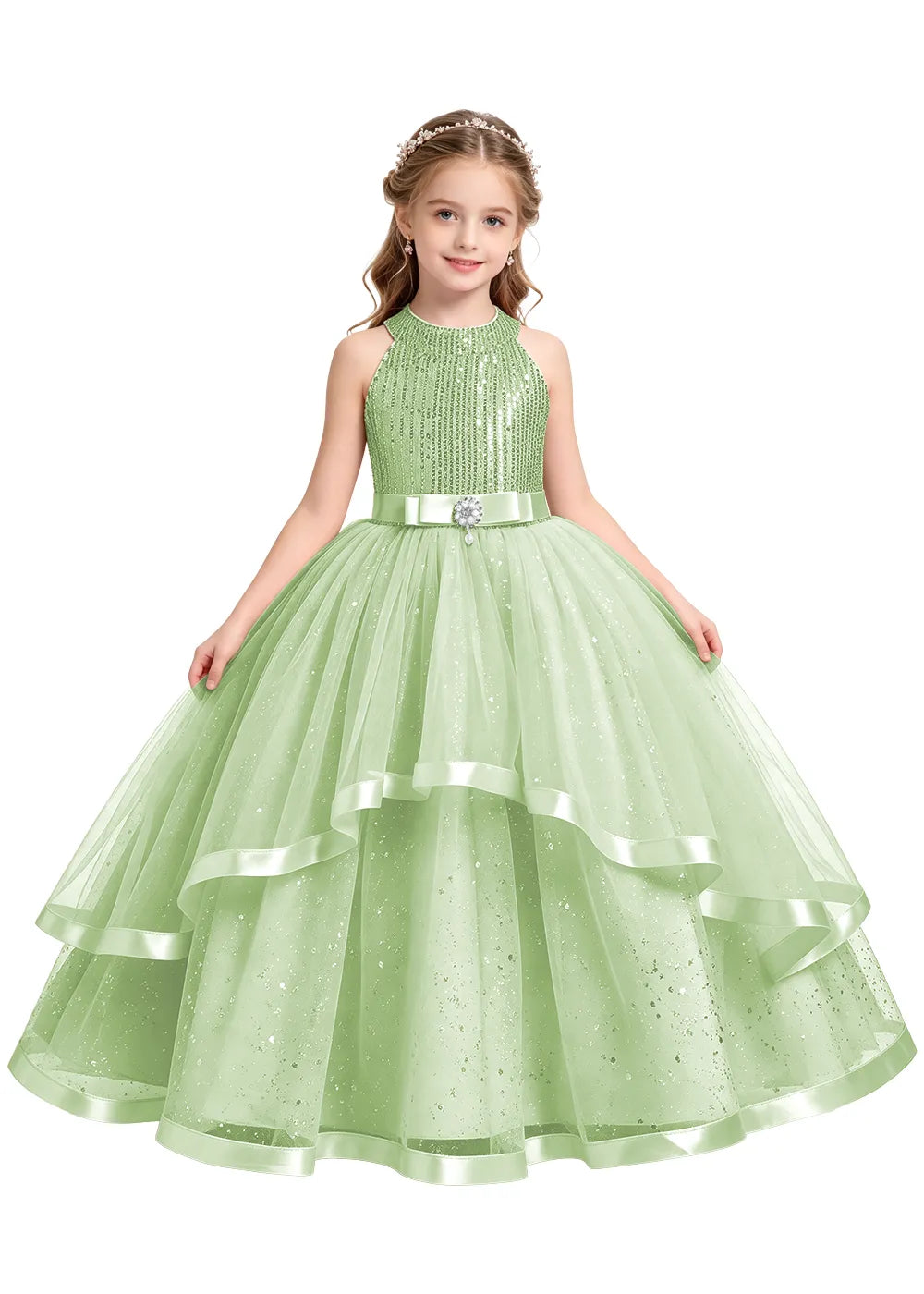 Elegant Glitter Tulle Girls Pageant Gown