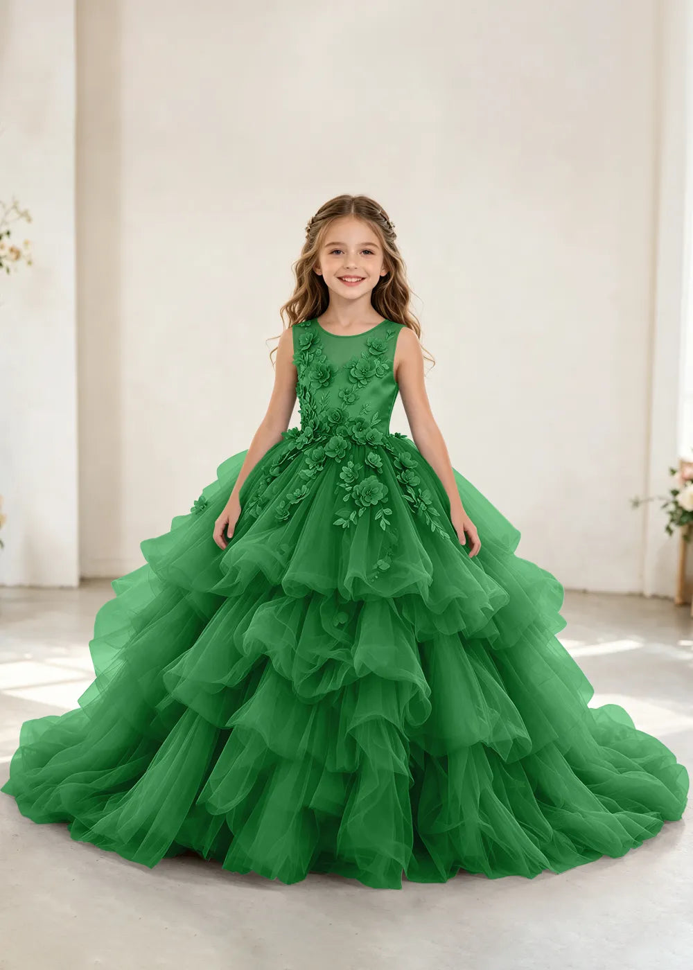 Luxury Layered Tulle Princess Dress with Floral Appliques