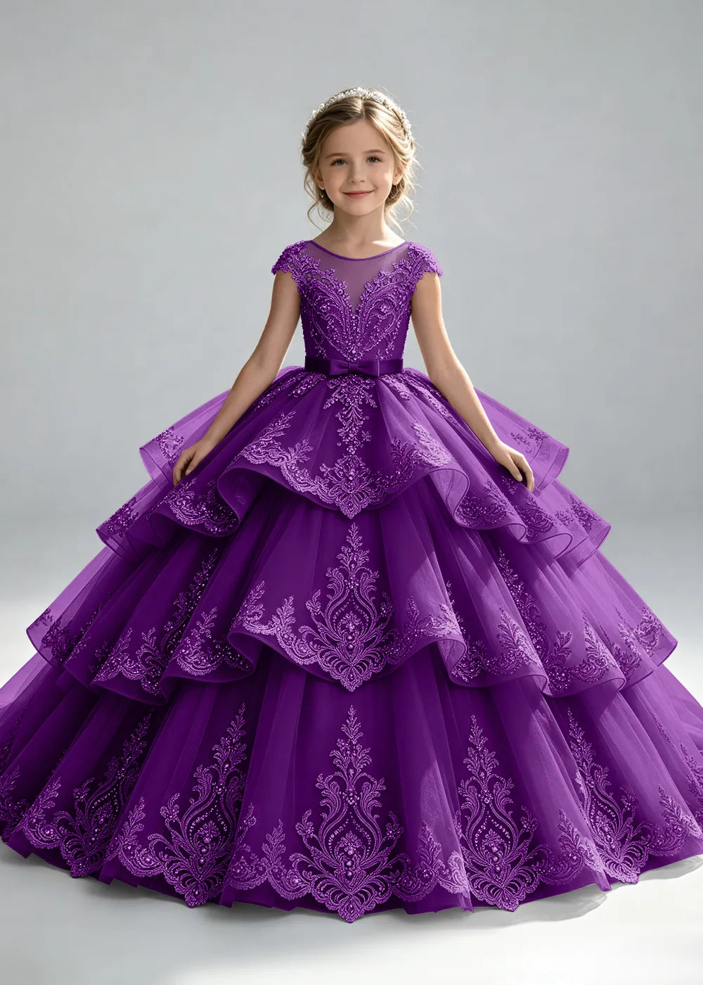 Embroidered Illusion Neck Tiered Pageant Ball Gown