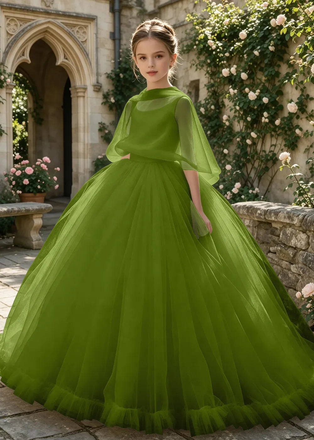 Sheer Cape Tulle Flower Girl Ball Gown