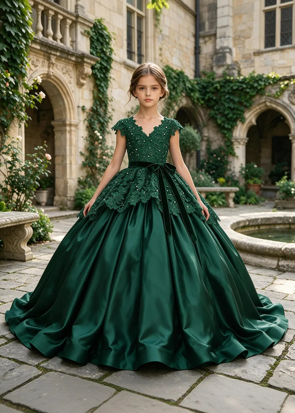 Floral Lace Satin Ball Gown for Girls