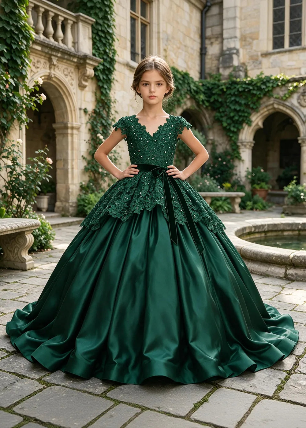 Floral Lace Satin Ball Gown for Girls