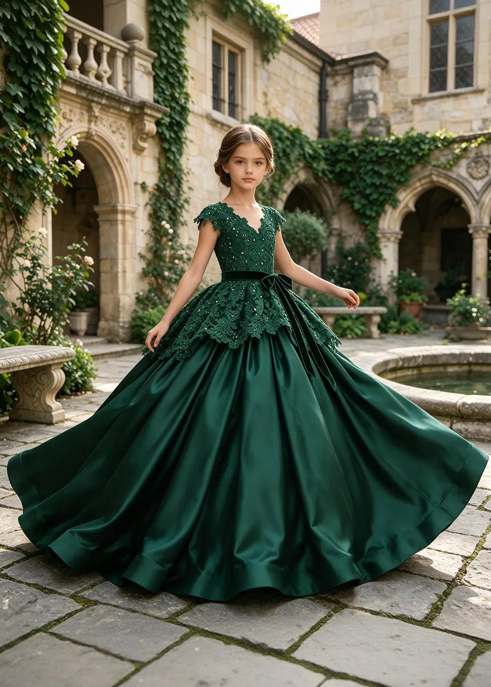 Floral Lace Satin Ball Gown for Girls