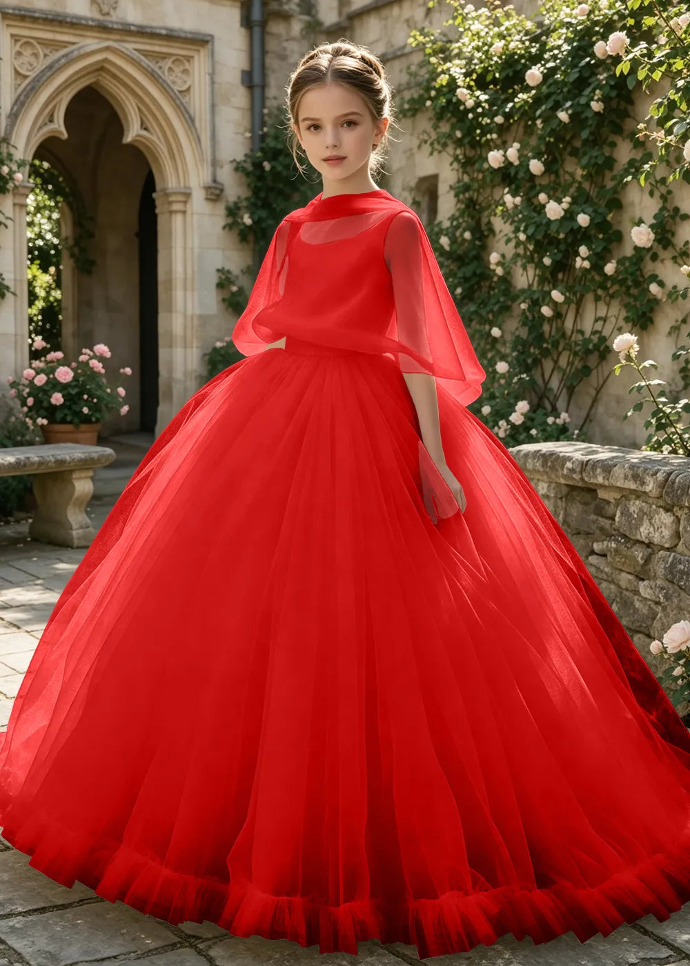 Sheer Cape Tulle Flower Girl Ball Gown