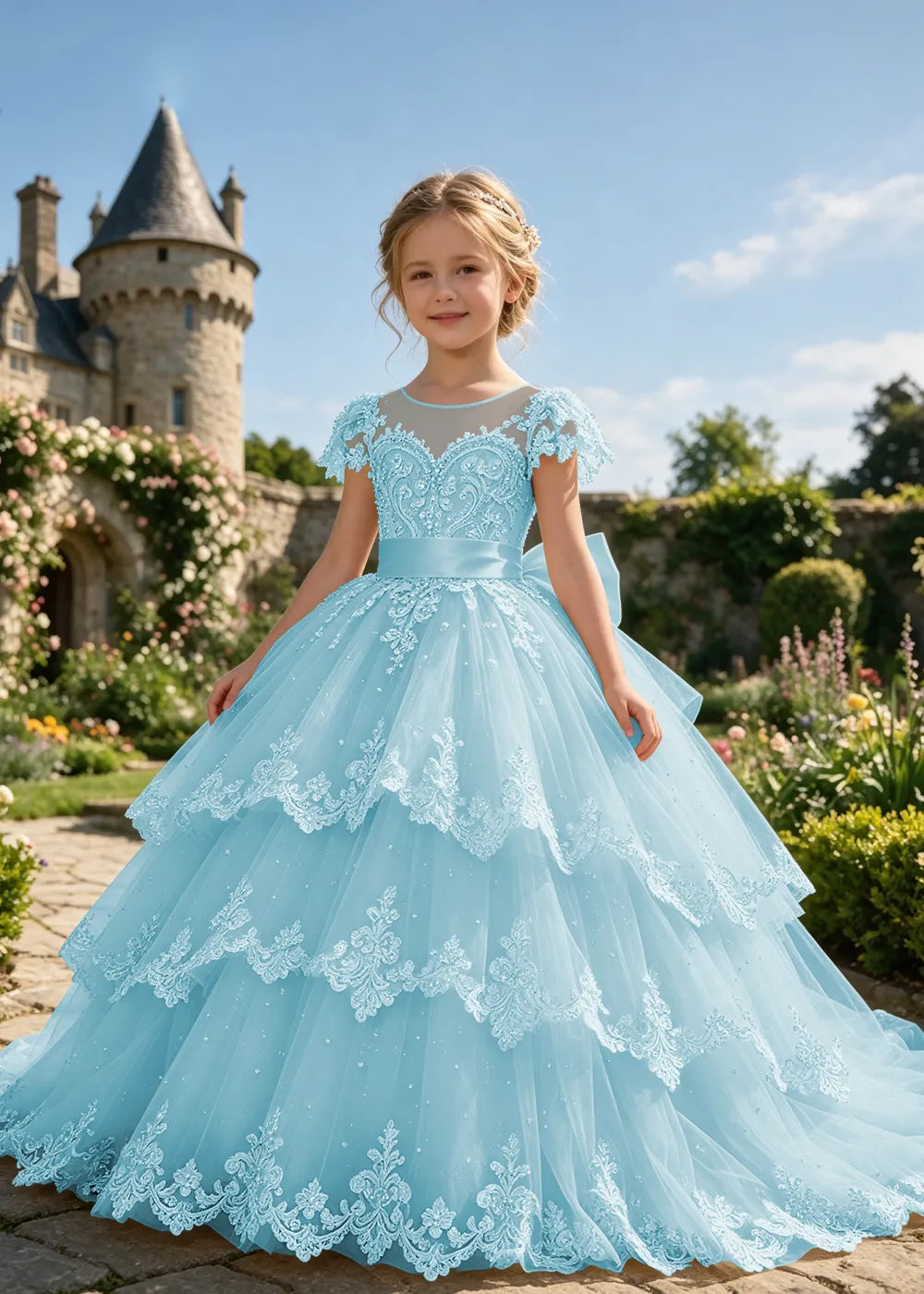 Tiered Lace Flower Girl Ball Gown with Satin Bow
