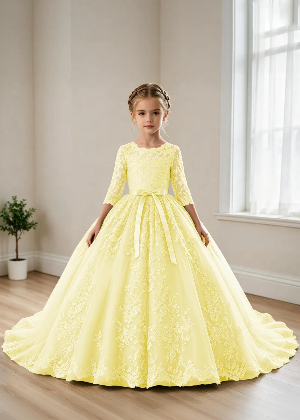 Elegant Lace Princess Dress with Full Tulle Skirt for Girls