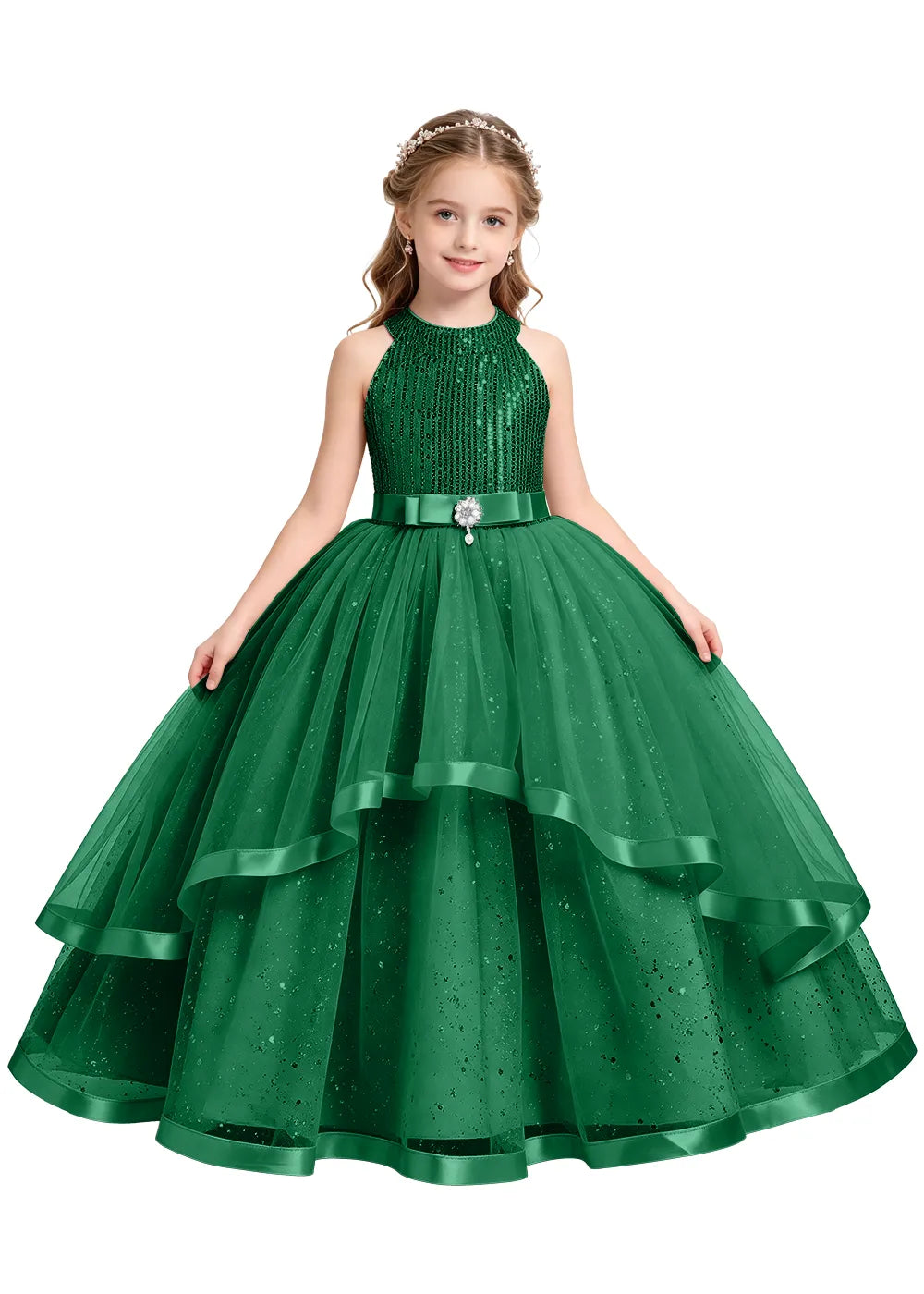 Elegant Glitter Tulle Girls Pageant Gown