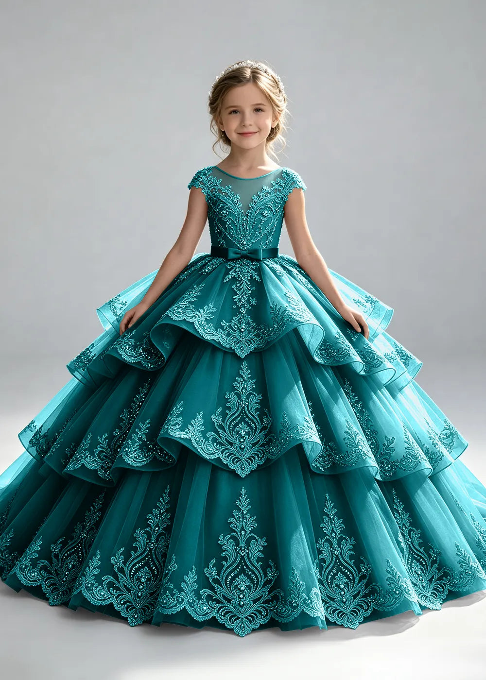 Embroidered Illusion Neck Tiered Pageant Ball Gown