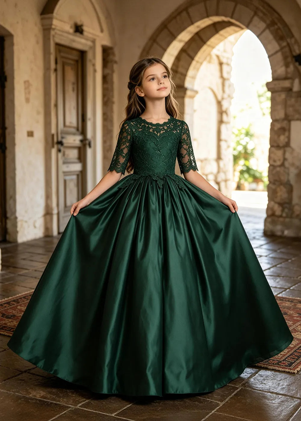 Floral Lace Satin Ball Gown for Girls