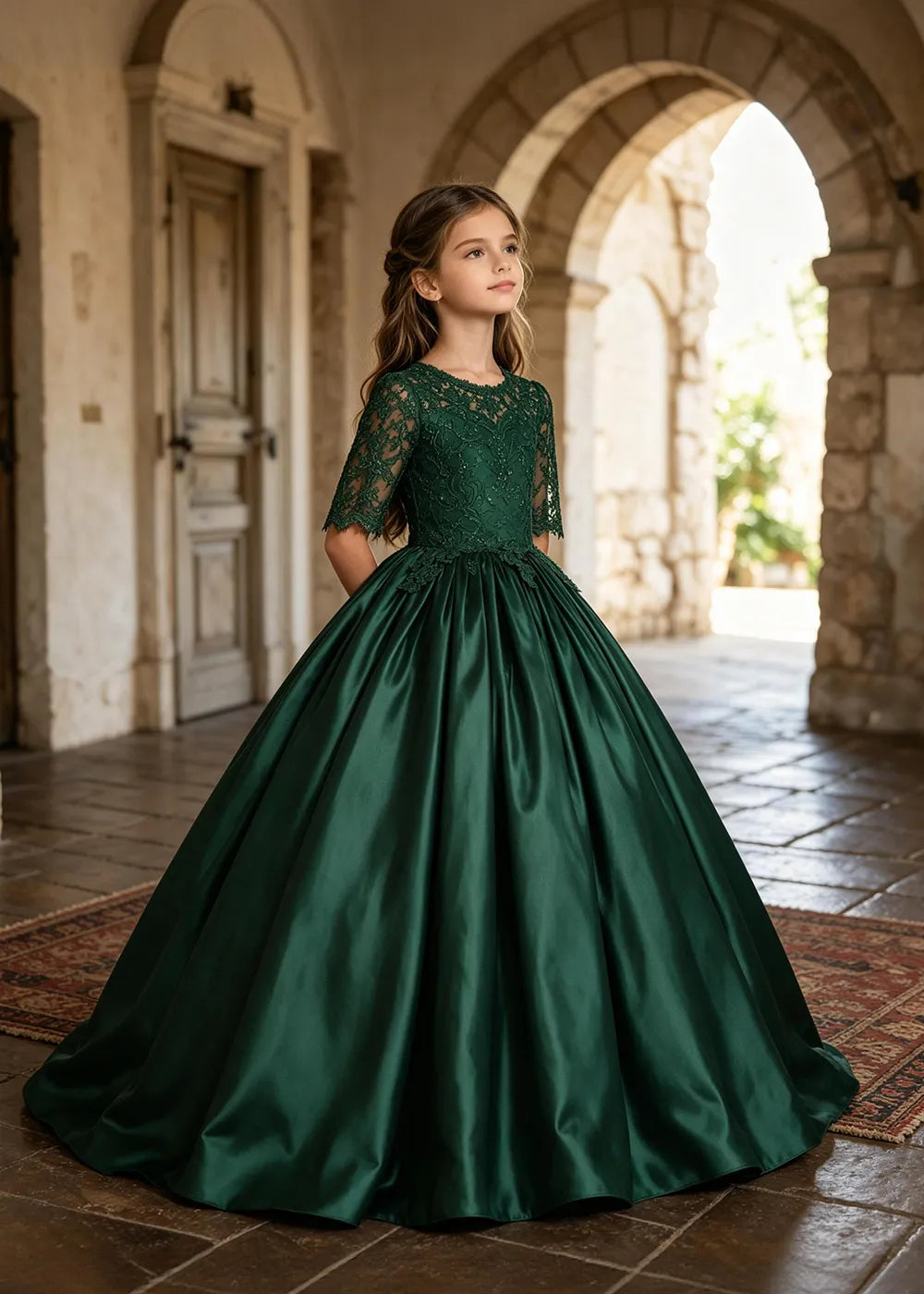 Floral Lace Satin Ball Gown for Girls