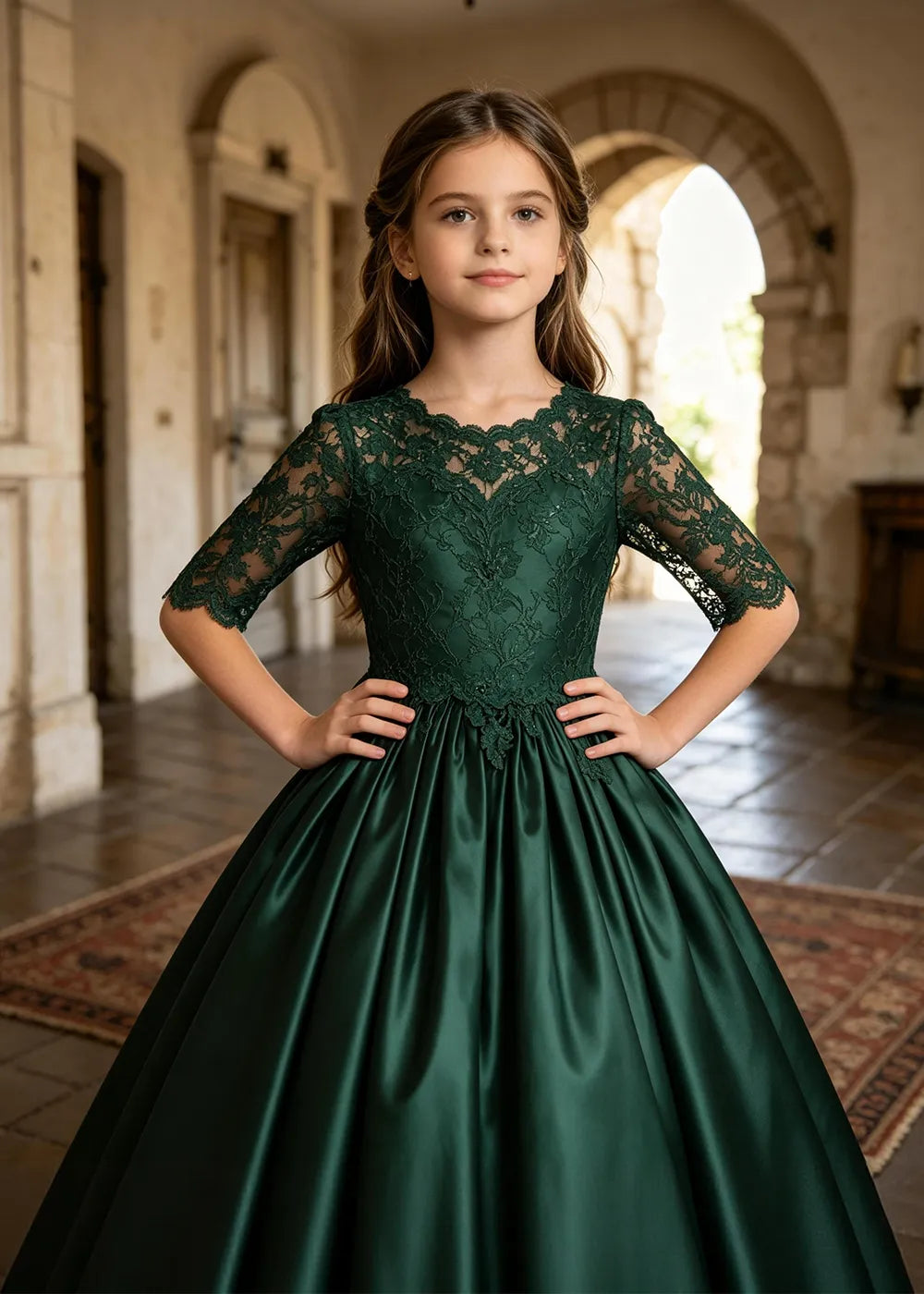 Floral Lace Satin Ball Gown for Girls