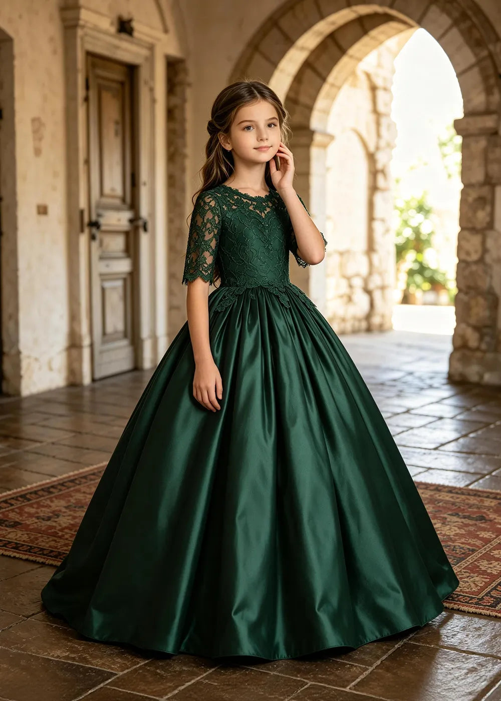 Floral Lace Satin Ball Gown for Girls