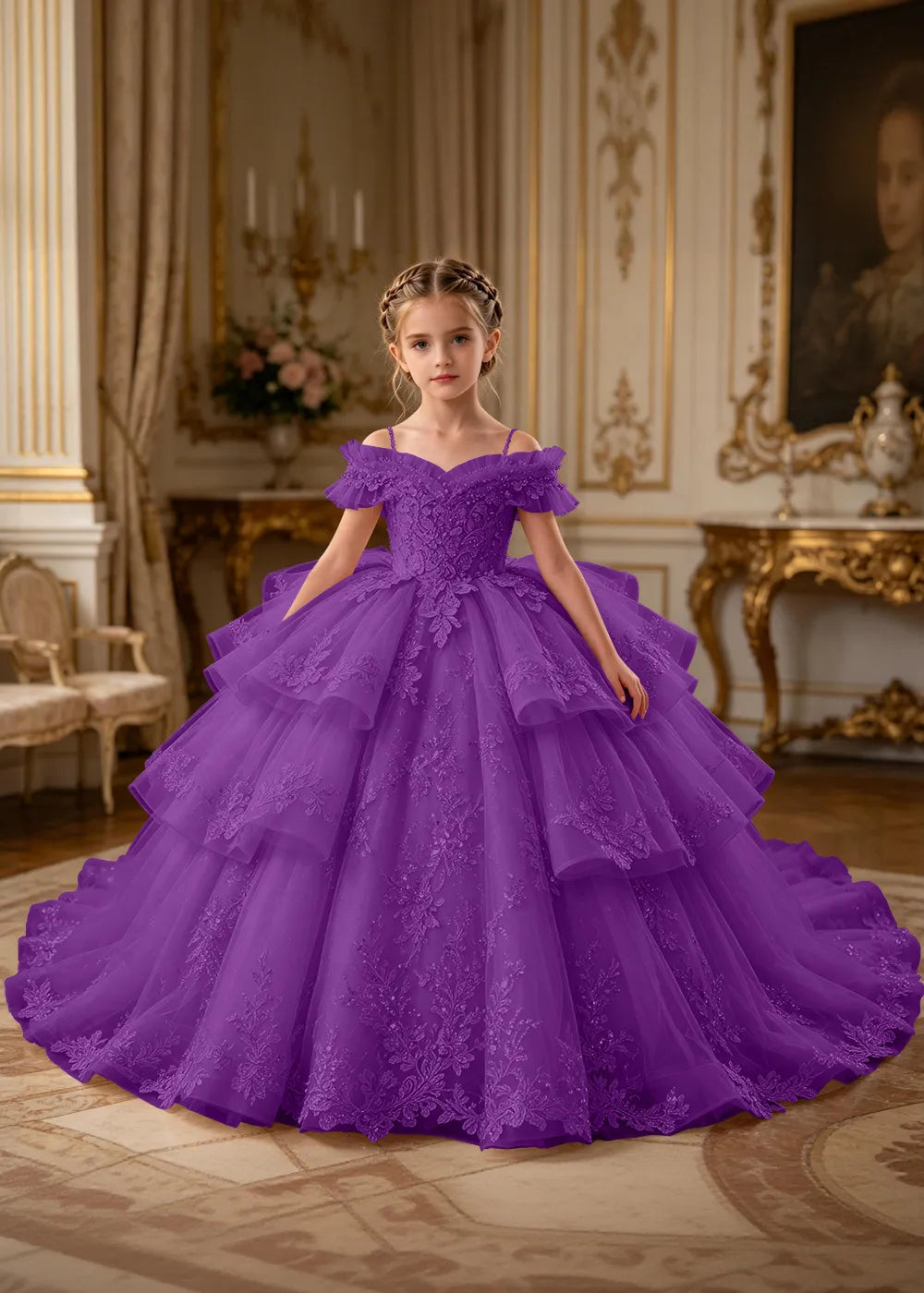 Luxury Princess Tulle Dress with Embroidered Lace and Long Train