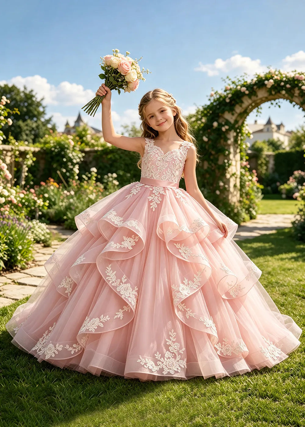 Floral Lace Corset-Back Flower Girl Ball Gown