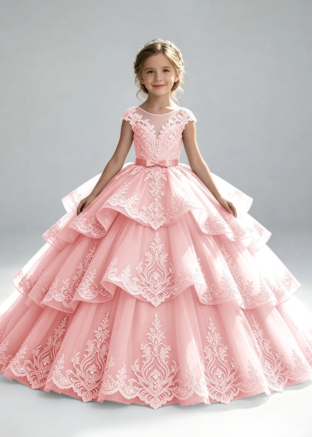 Embroidered Illusion Neck Tiered Pageant Ball Gown