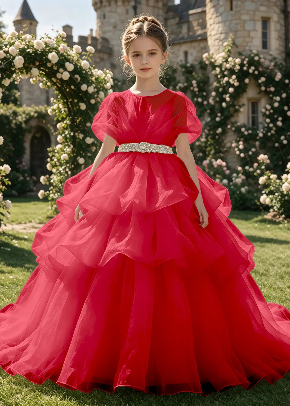 Jeweled Waist Puff Sleeve Flower Girl Ball Gown