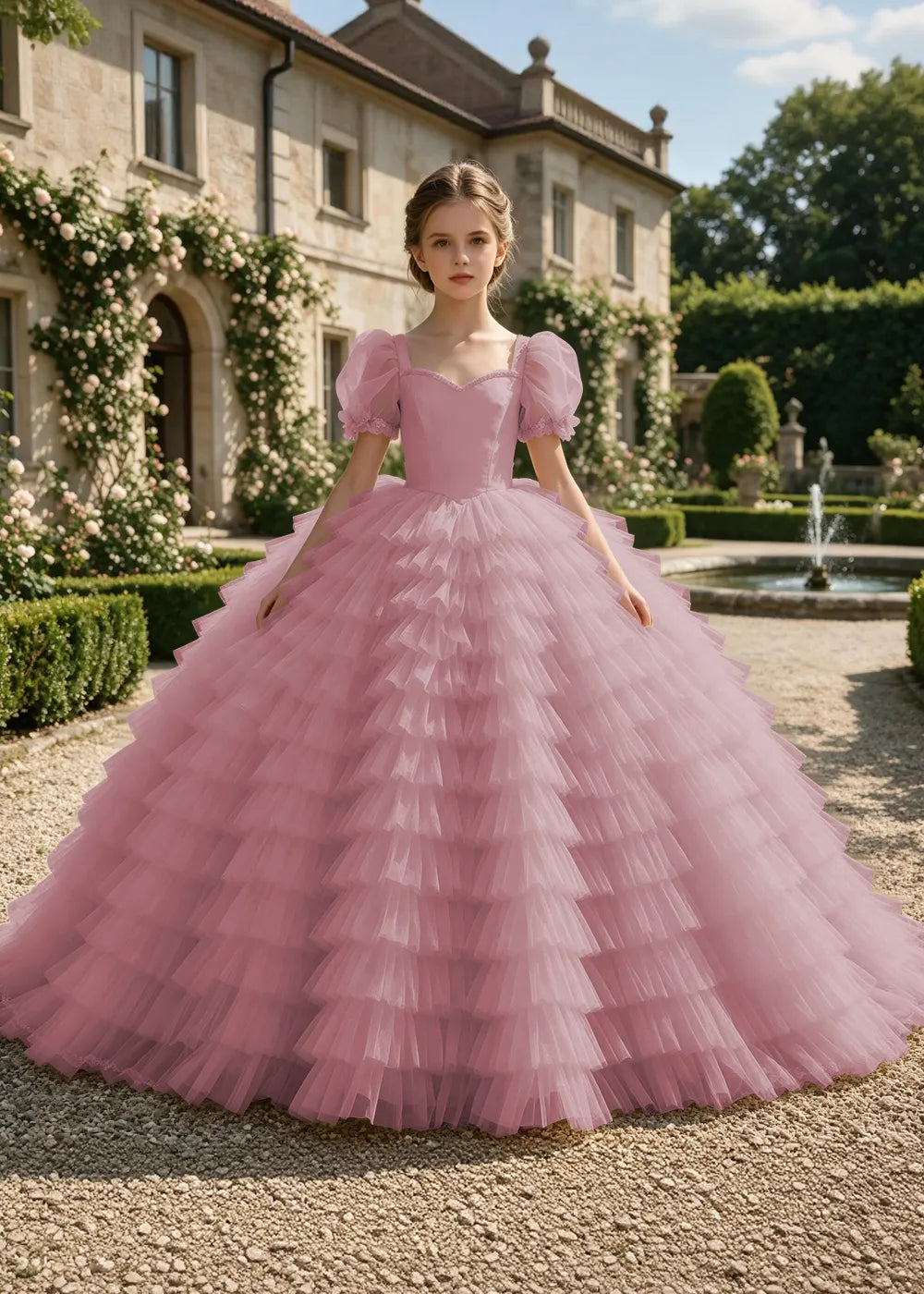 Puff Sleeve Corset-Back Junior Bridesmaid Gown