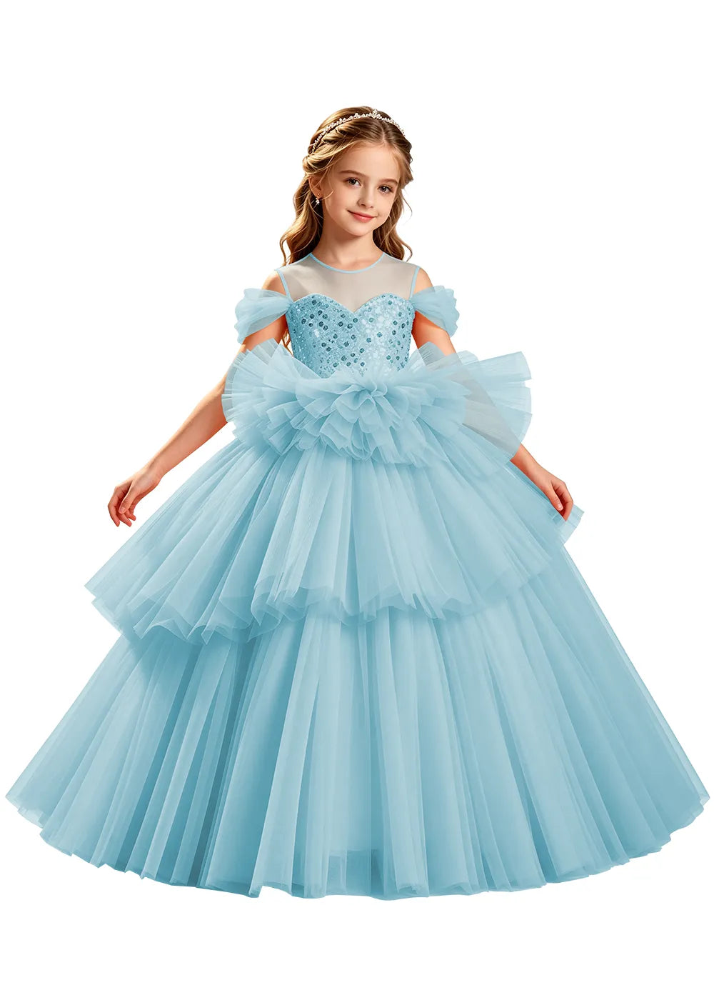 Sequin Off-Shoulder Layered Tulle Pageant Dress