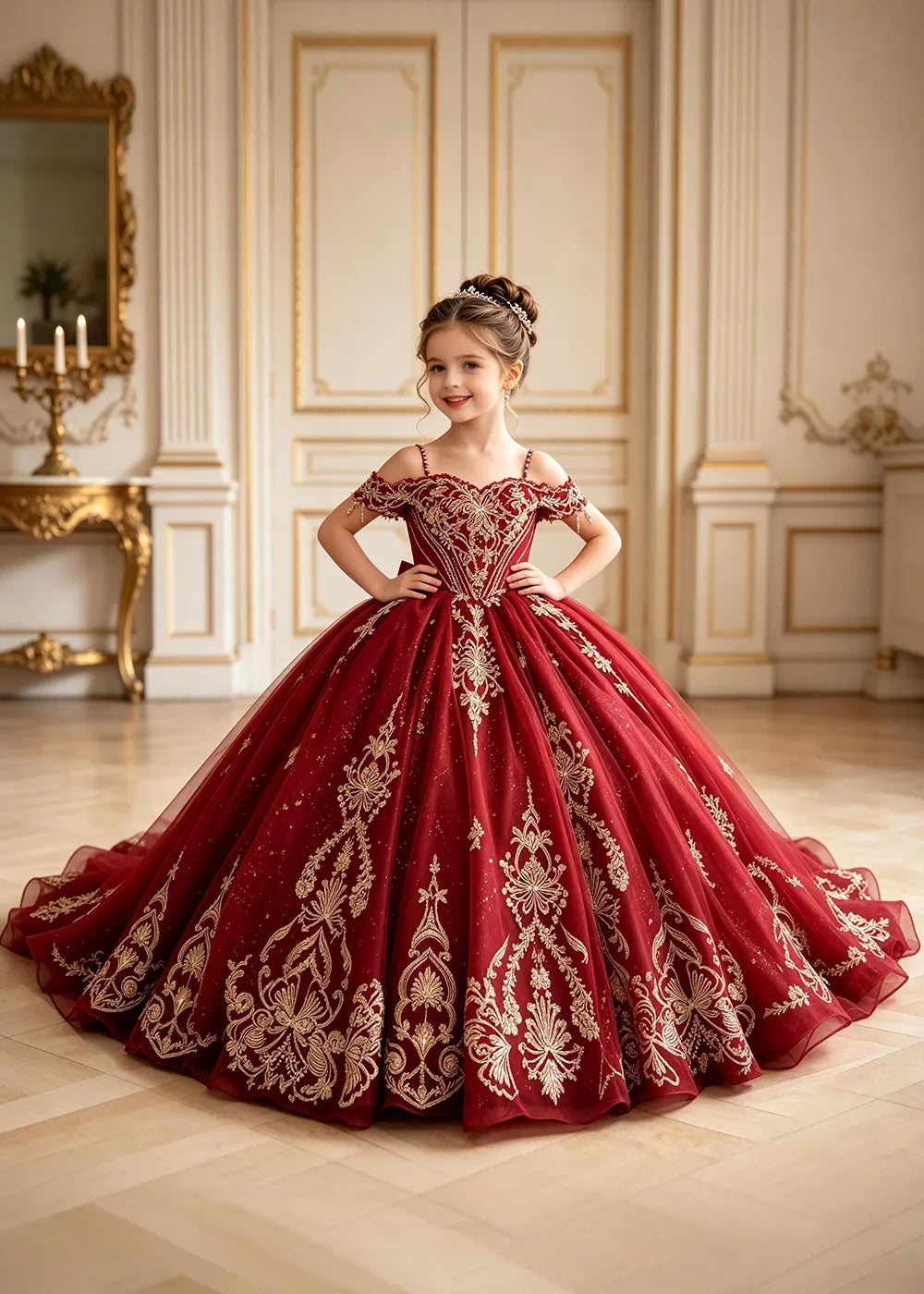 Regal Gold Embroidered Pageant Ball Gown for Girls