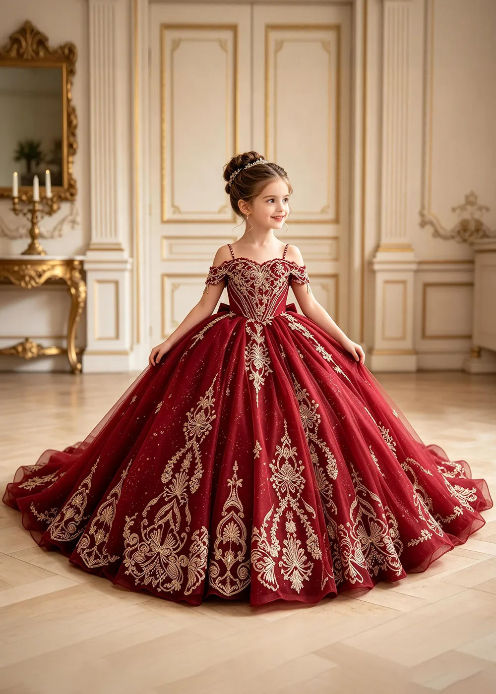 Regal Gold Embroidered Pageant Ball Gown for Girls