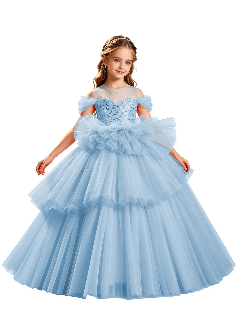 Sequin Off-Shoulder Layered Tulle Pageant Dress