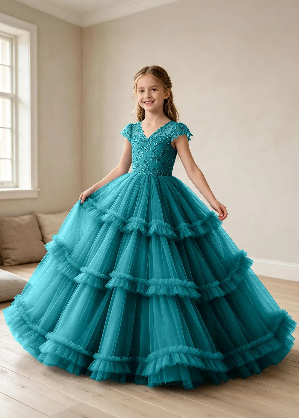 Elegant 3D Flower Appliqué Princess Dress with Layered Tulle Skirt