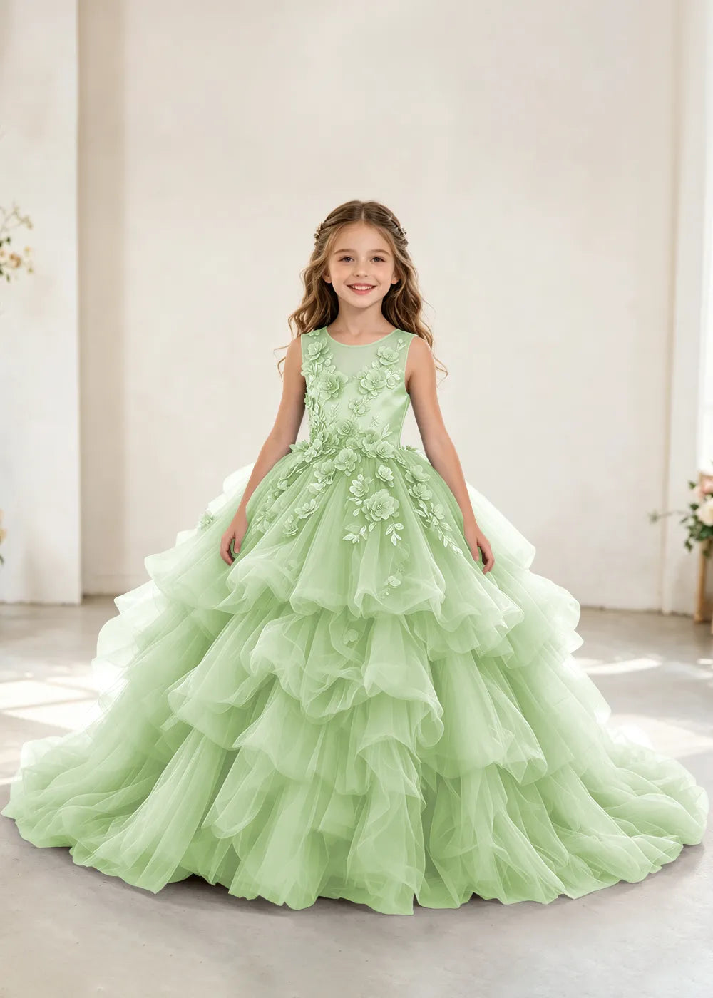 Luxury Layered Tulle Princess Dress with Floral Appliques