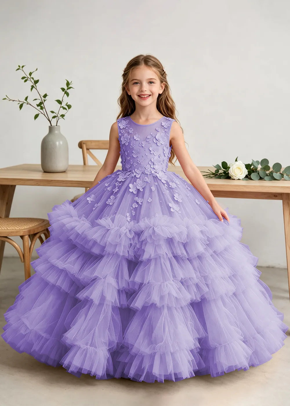 Luxury Floral Embroidered Ball Gown Dress for Little Girls