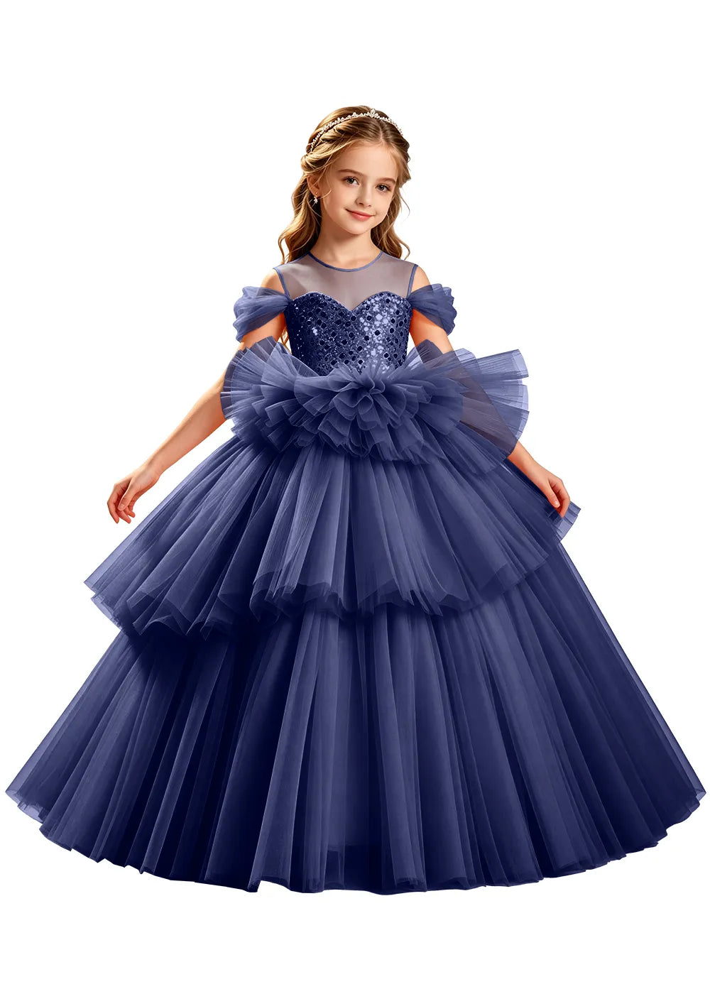 Sequin Off-Shoulder Layered Tulle Pageant Dress