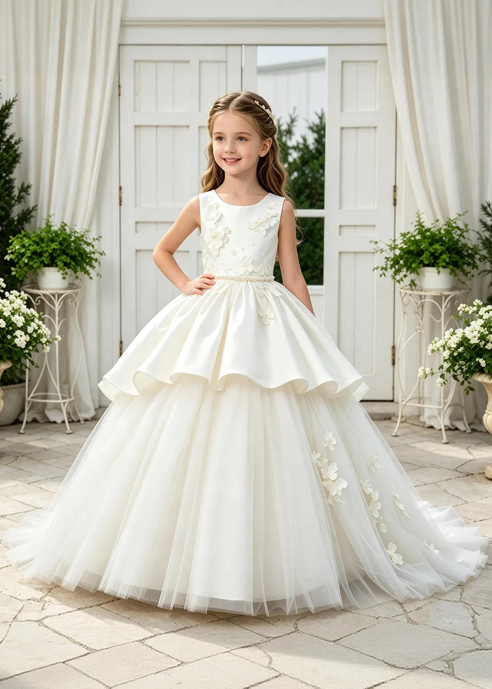 Floral Appliqué Tulle Ball Gown Dress for Girls