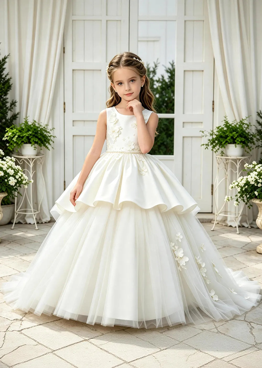 Floral Appliqué Tulle Ball Gown Dress for Girls