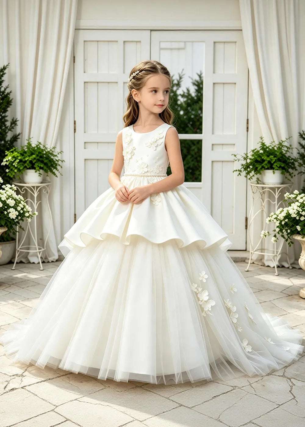 Floral Appliqué Tulle Ball Gown Dress for Girls