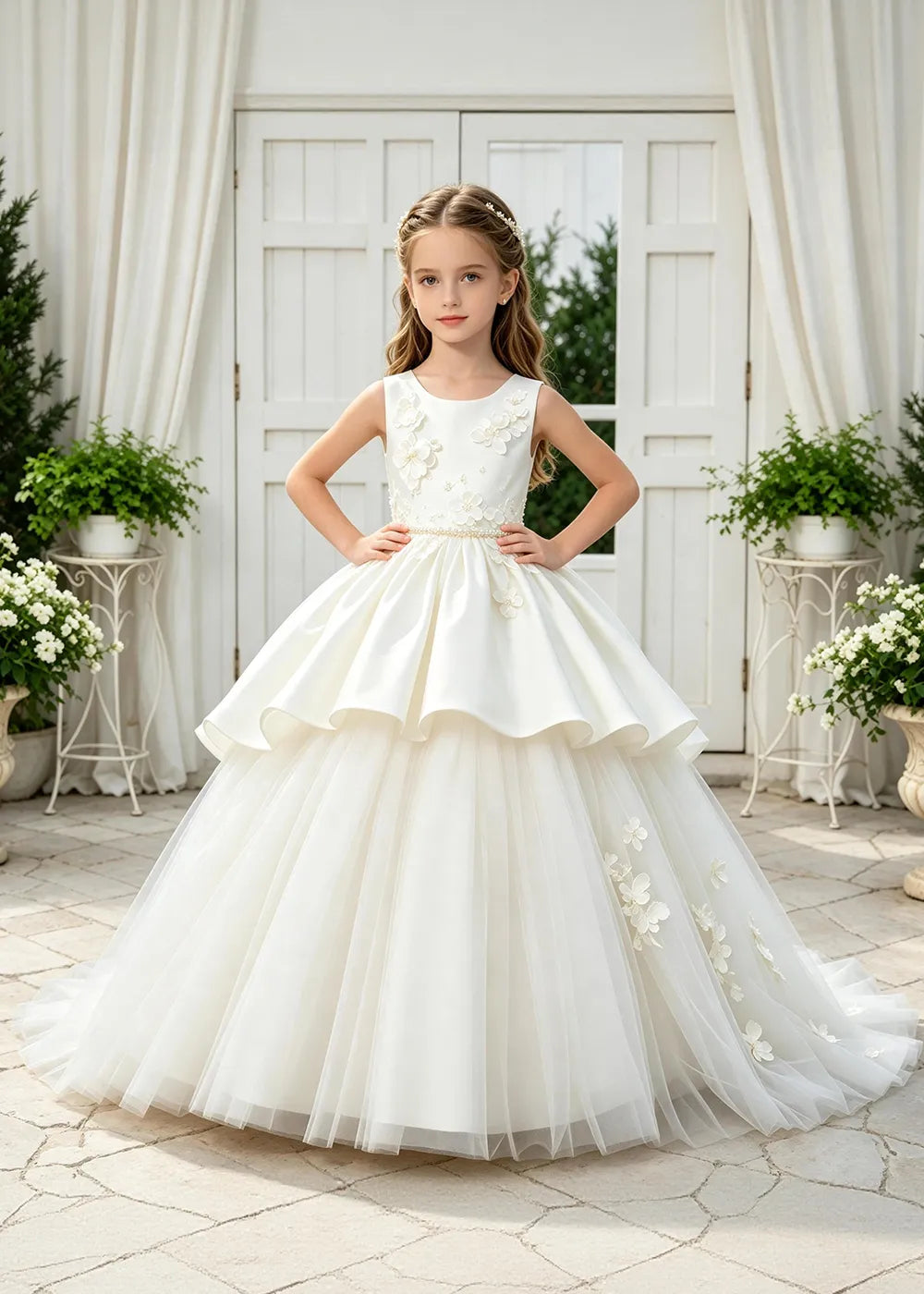 Floral Appliqué Tulle Ball Gown Dress for Girls