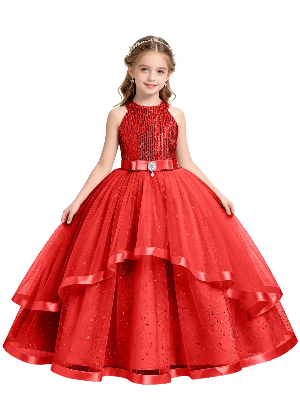 Elegant Glitter Tulle Girls Pageant Gown