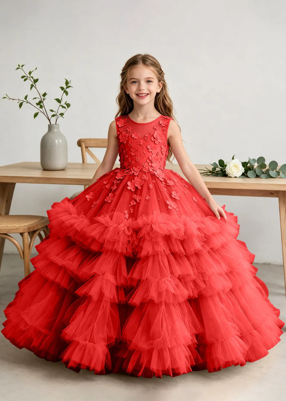 Luxury Floral Embroidered Ball Gown Dress for Little Girls