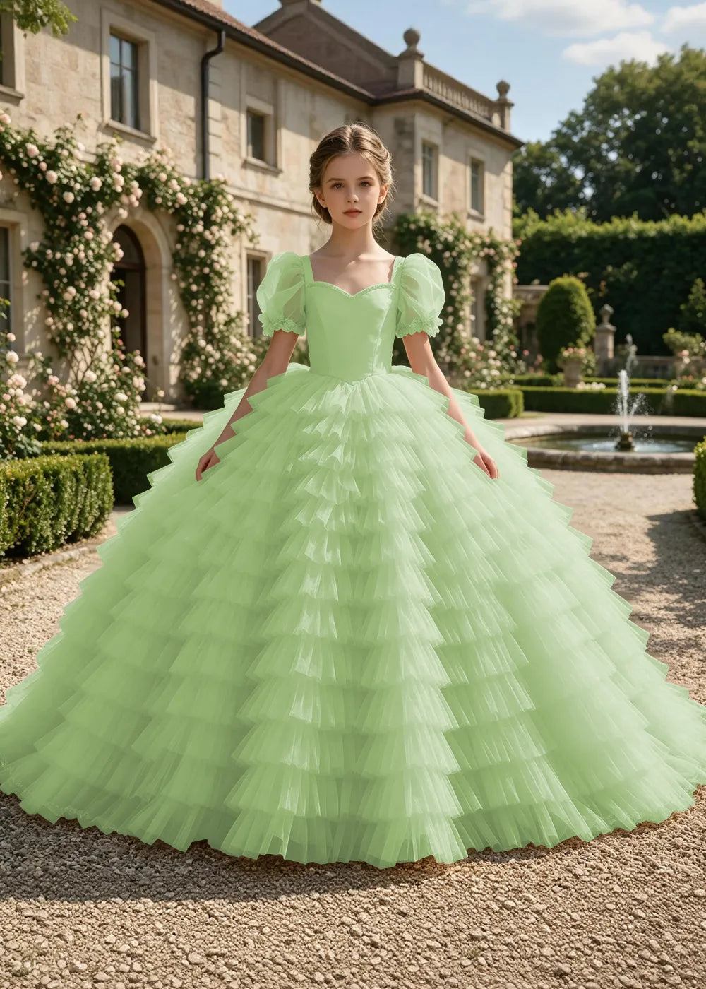 Puff Sleeve Corset-Back Junior Bridesmaid Gown