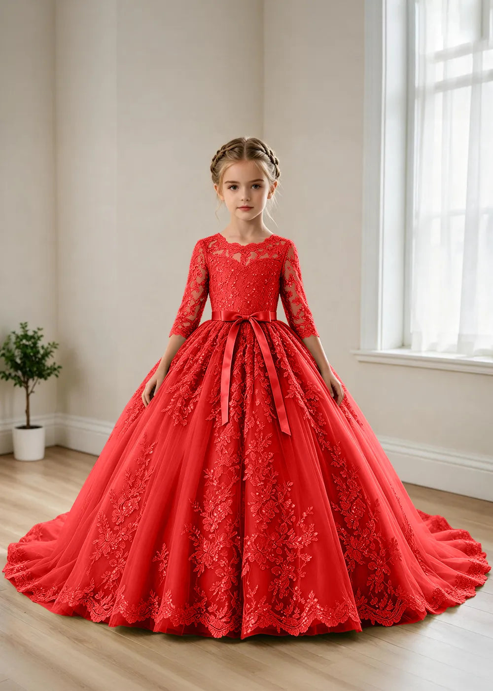 Elegant Lace Princess Dress with Full Tulle Skirt for Girls