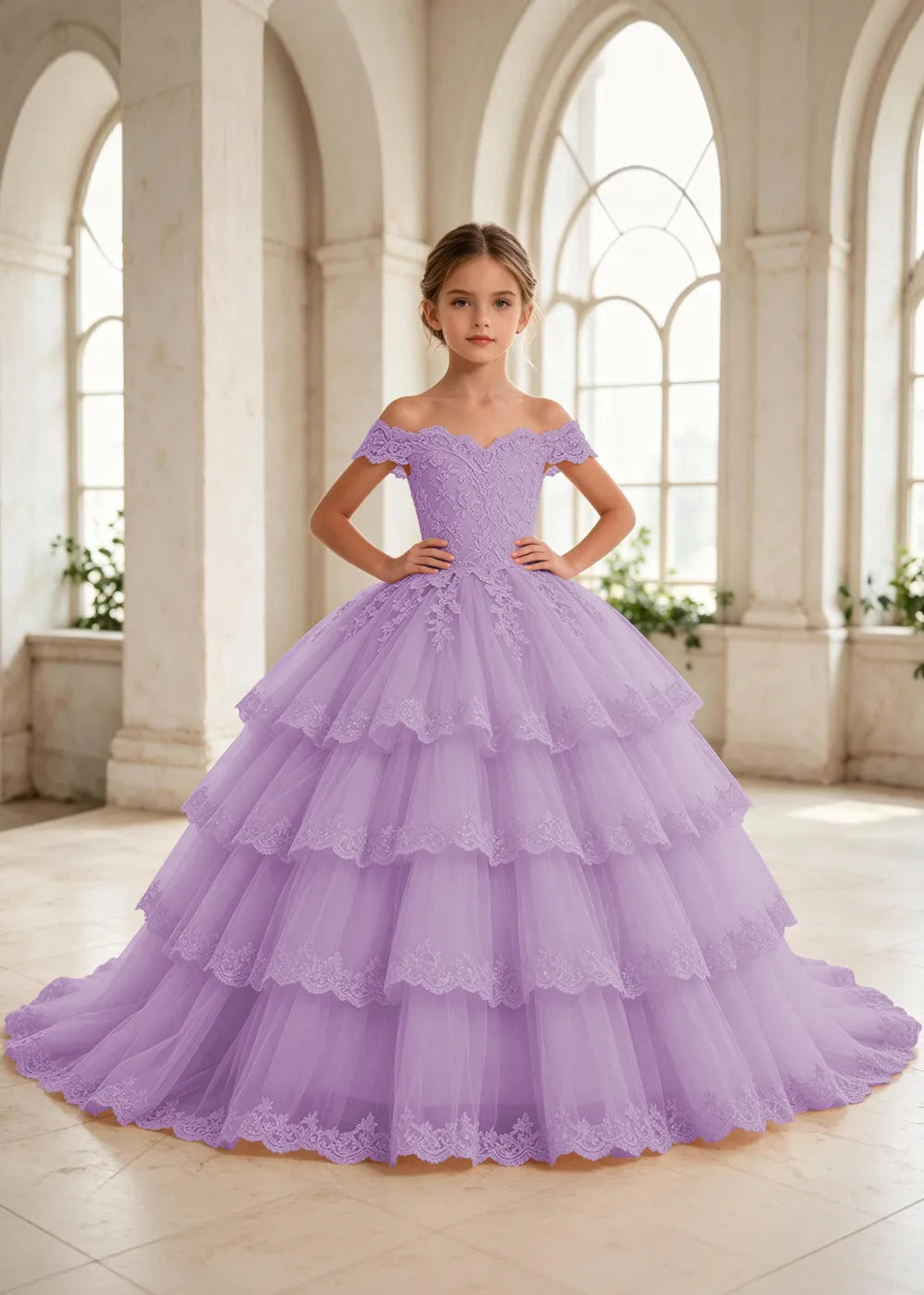 オフショルダーのレースプリンセスドレス