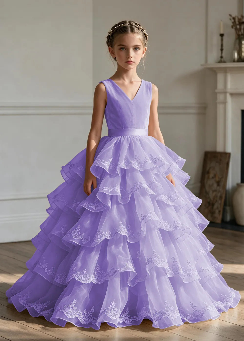 Elegant Girls Satin Princess Dress with Layered Ruffle Skirt