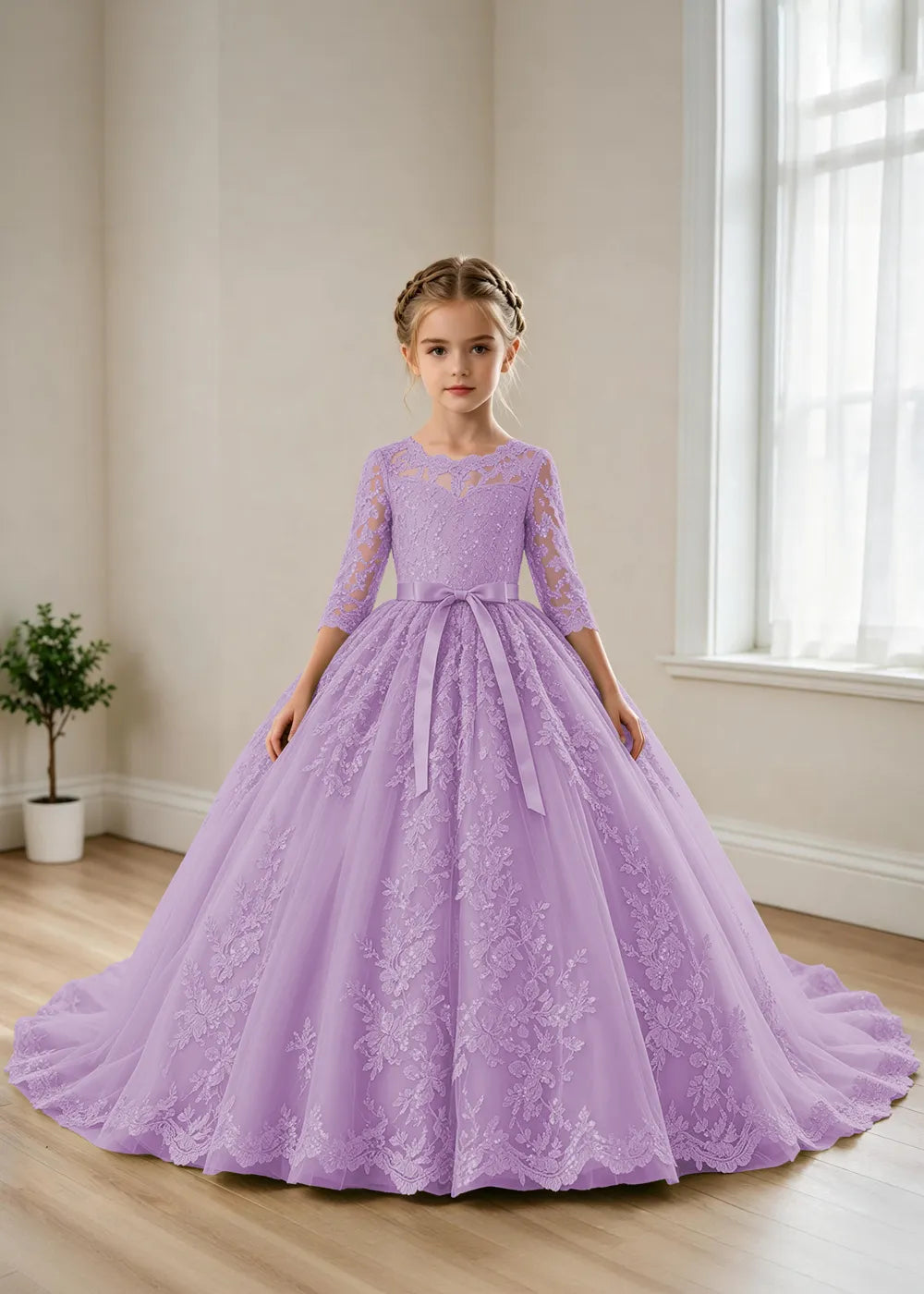 Elegant Lace Princess Dress with Full Tulle Skirt for Girls