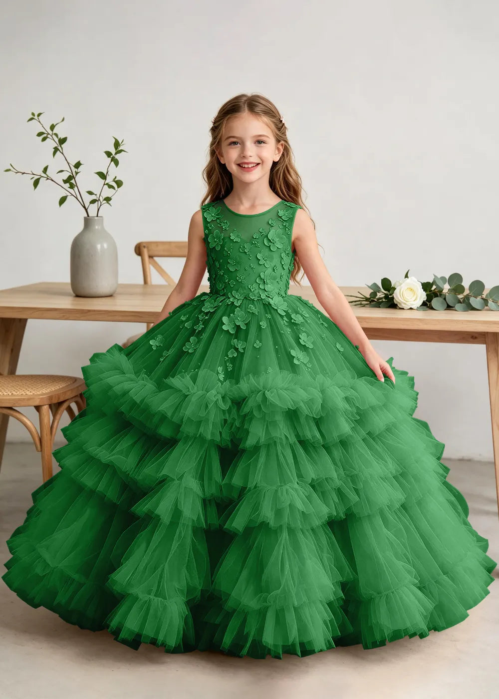 Luxury Floral Embroidered Ball Gown Dress for Little Girls