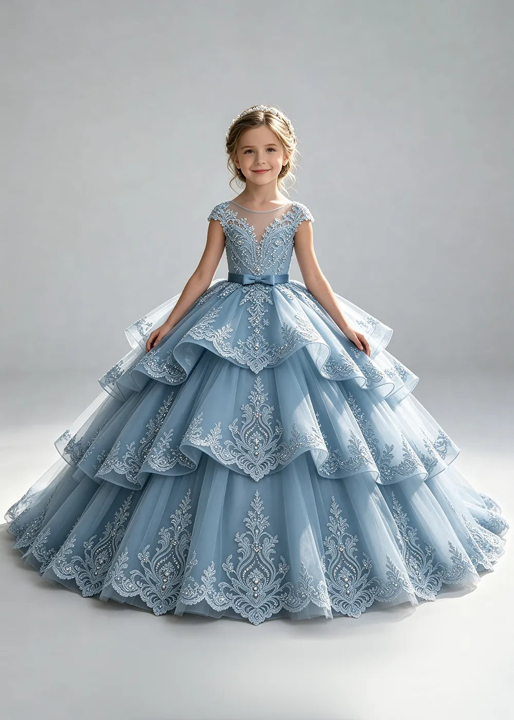 Embroidered Illusion Neck Tiered Pageant Ball Gown