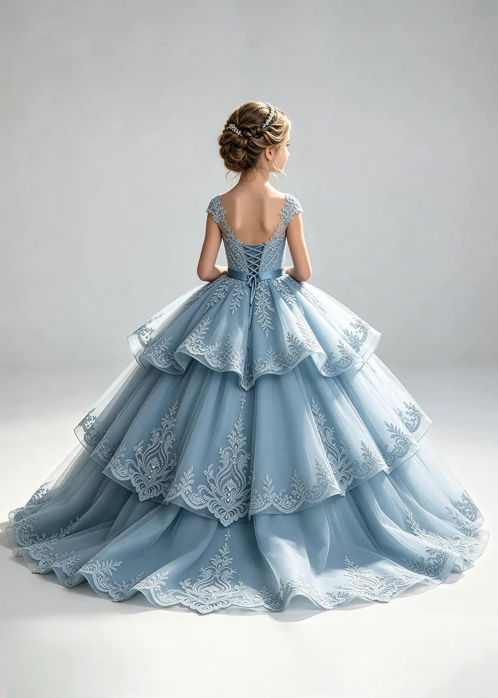 Embroidered Illusion Neck Tiered Pageant Ball Gown