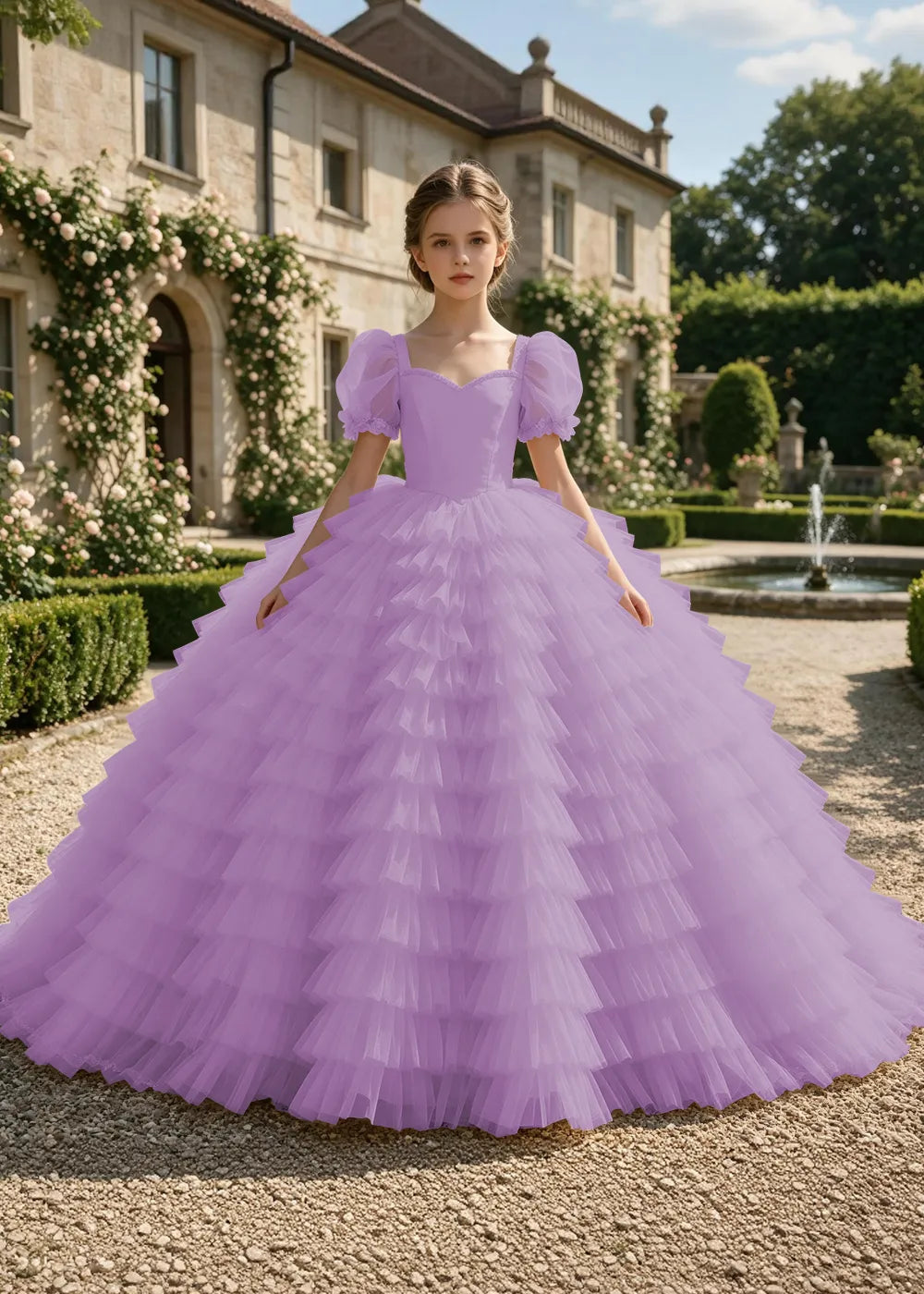 Puff Sleeve Corset-Back Junior Bridesmaid Gown