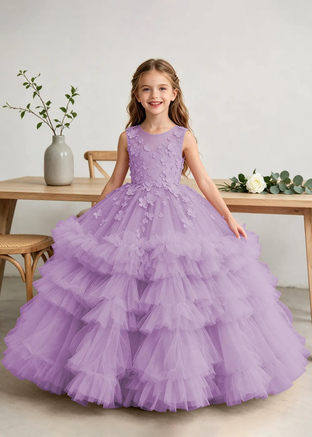 Luxury Floral Embroidered Ball Gown Dress for Little Girls