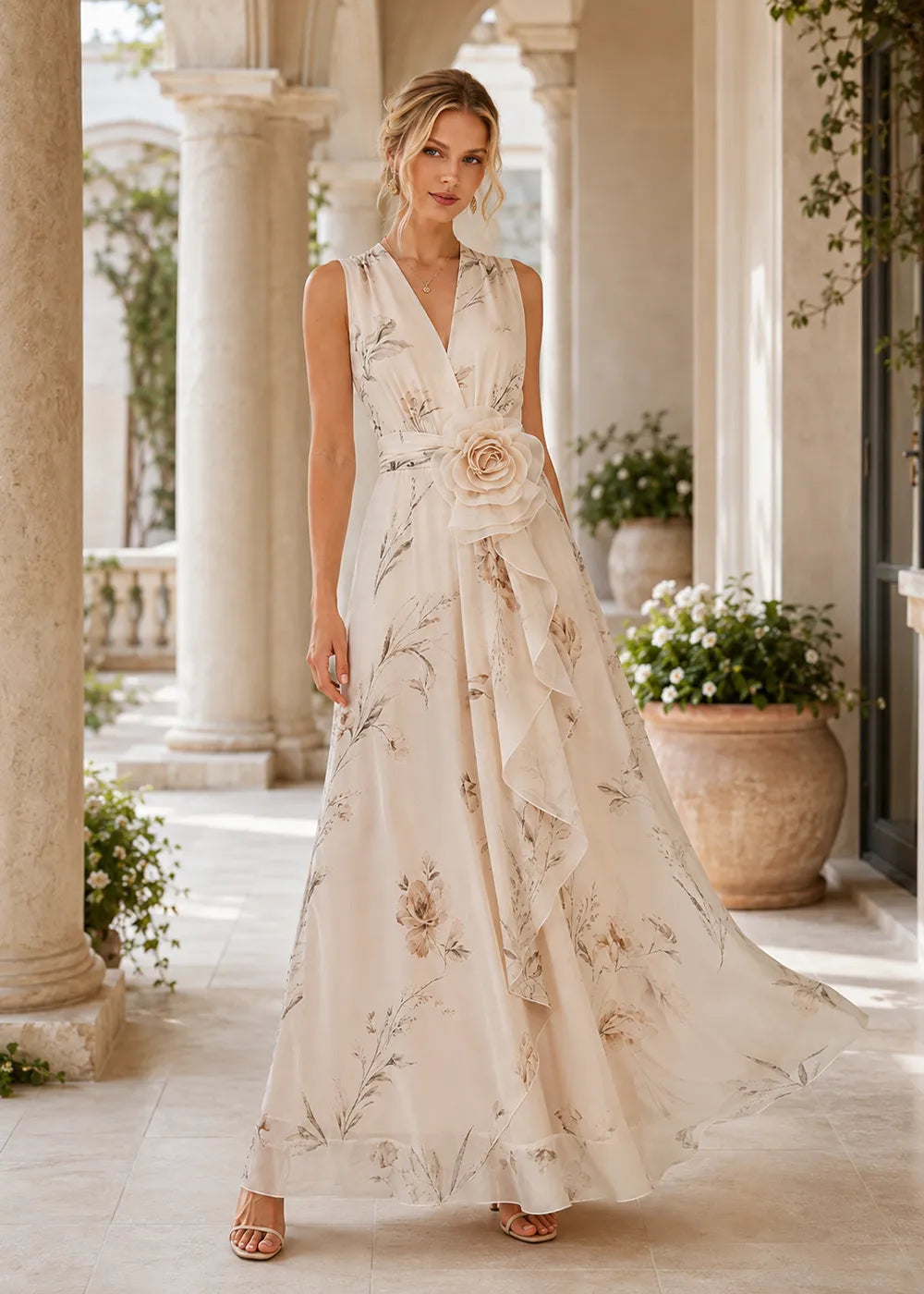 Botanical Rosette V-Neck Formal Gown