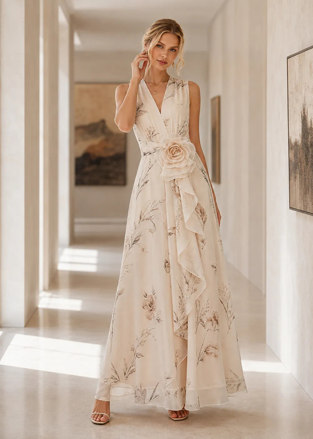 Botanical Rosette V-Neck Formal Gown